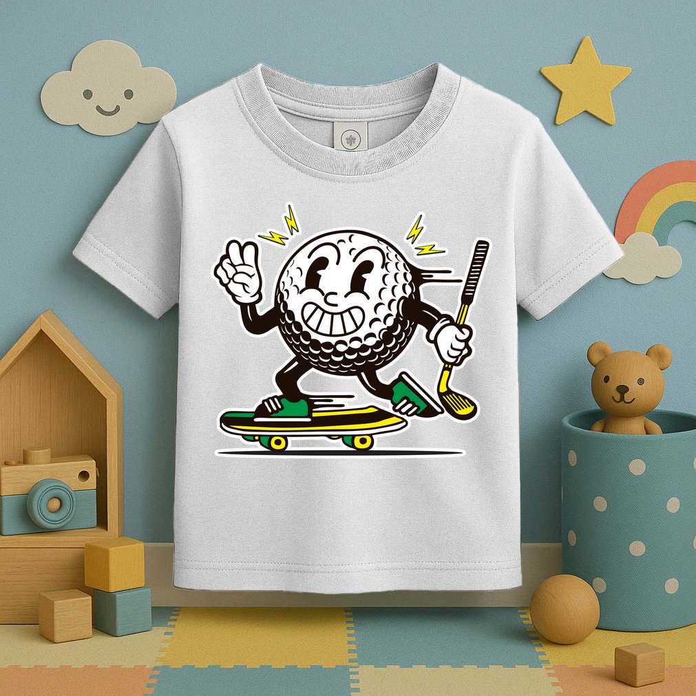 Funny Retro Cartoon Skateboarding Golf Ball Toddler T-Shirt