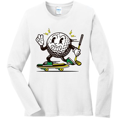 Funny Retro Cartoon Skateboarding Golf Ball Ladies Long Sleeve Shirt