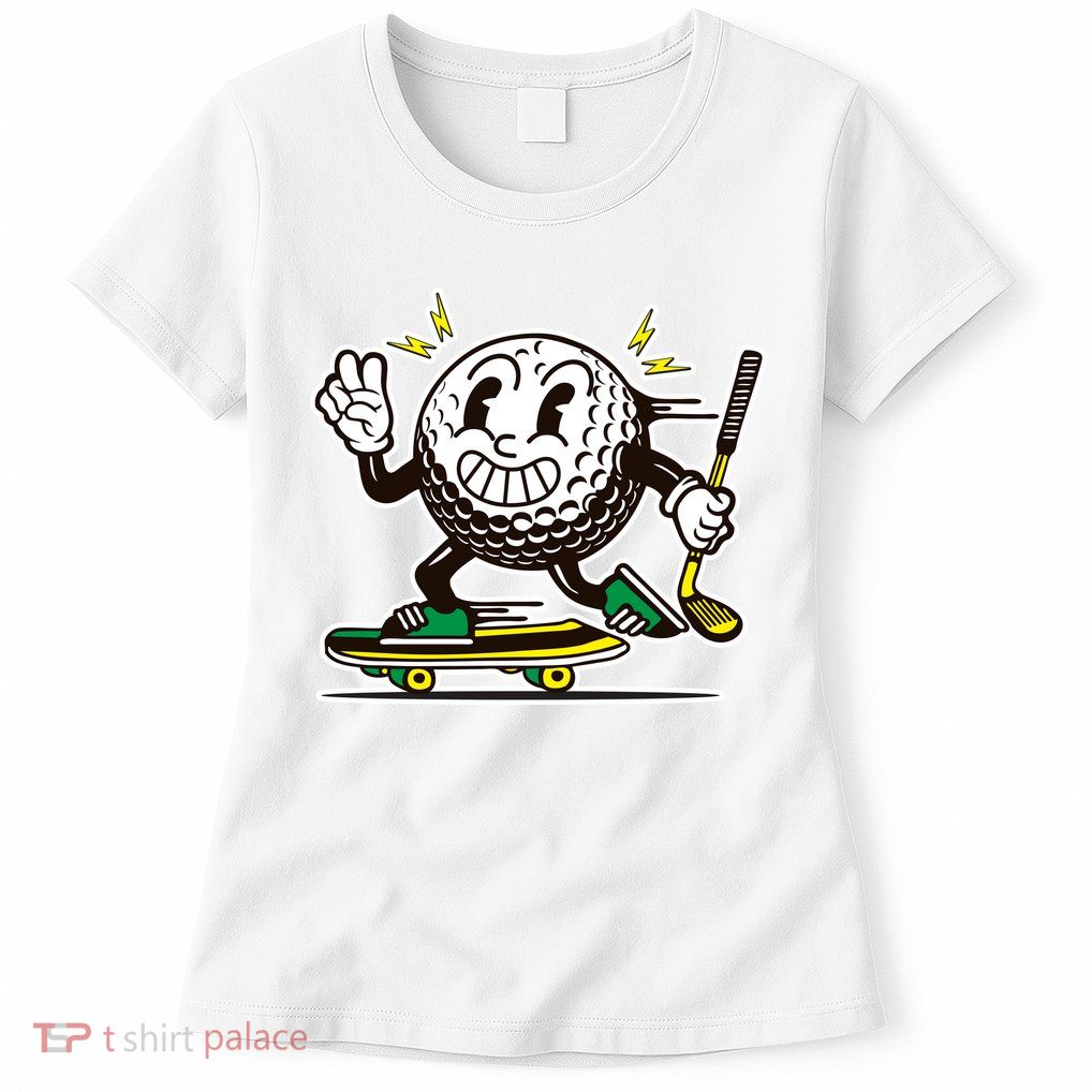Funny Retro Cartoon Skateboarding Golf Ball Womens T-Shirt
