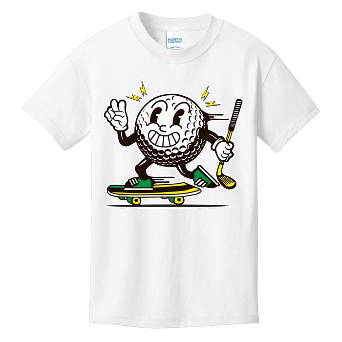 Funny Retro Cartoon Skateboarding Golf Ball Kids T-Shirt