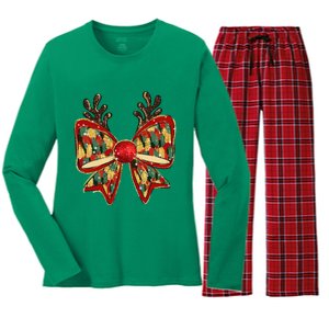 Funny Reindeer Coquette Bows Pajama Christmas Women Women's Long Sleeve Flannel Pajama Set 