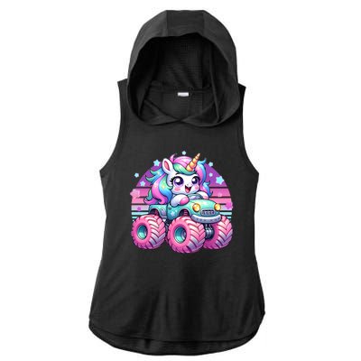 Funny Retro Cute Unicorn Monster Truck Ladies PosiCharge Tri-Blend Wicking Draft Hoodie Tank