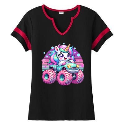 Funny Retro Cute Unicorn Monster Truck Ladies Halftime Notch Neck Tee