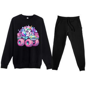 Funny Retro Cute Unicorn Monster Truck Premium Crewneck Sweatsuit Set