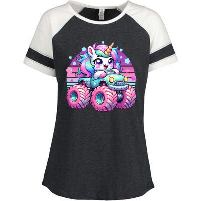 Funny Retro Cute Unicorn Monster Truck Enza Ladies Jersey Colorblock Tee