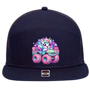 Funny Retro Cute Unicorn Monster Truck 7 Panel Mesh Trucker Snapback Hat