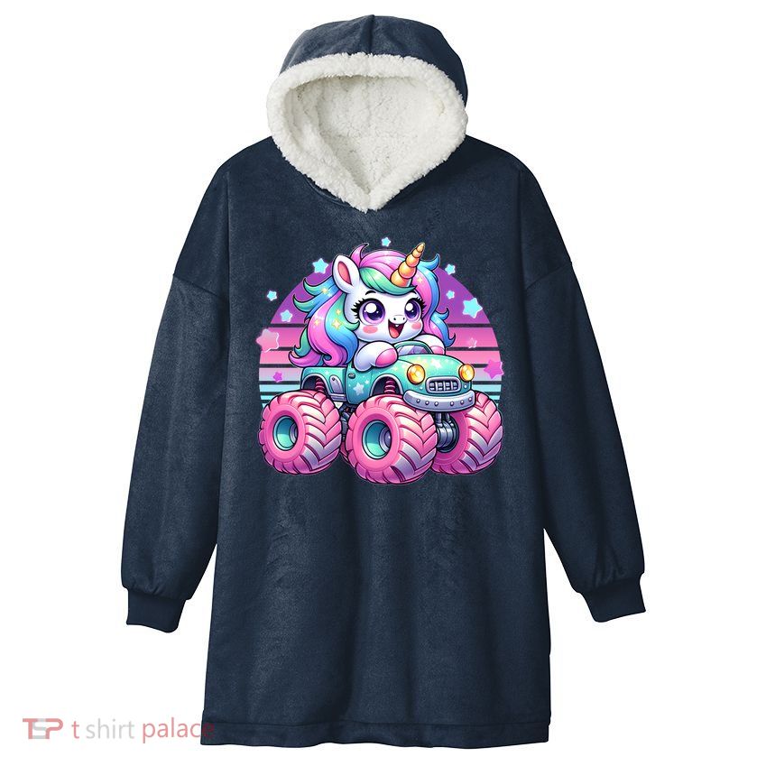 Funny Retro Cute Unicorn Monster Truck Hooded Wearable Blanket