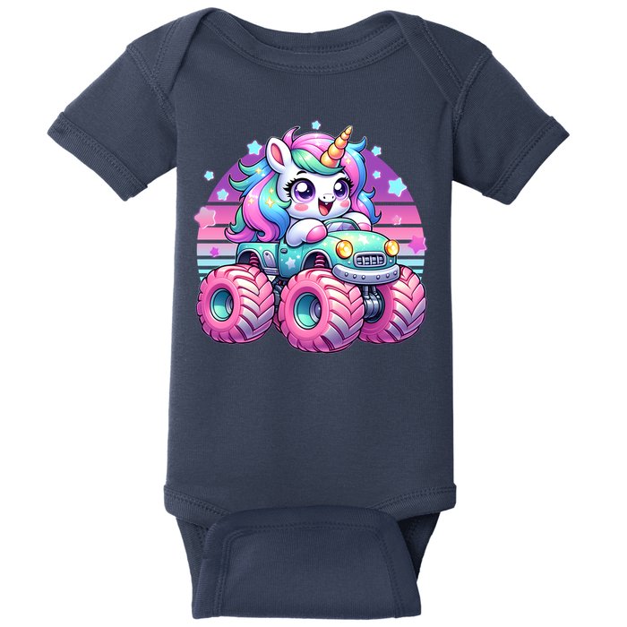 Funny Retro Cute Unicorn Monster Truck Baby Bodysuit