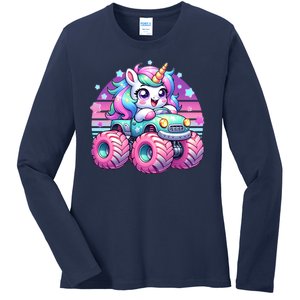 Funny Retro Cute Unicorn Monster Truck Ladies Long Sleeve Shirt