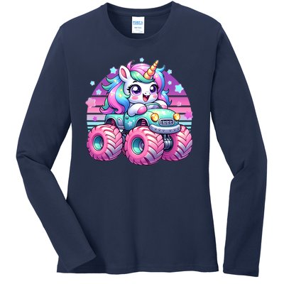 Funny Retro Cute Unicorn Monster Truck Ladies Long Sleeve Shirt