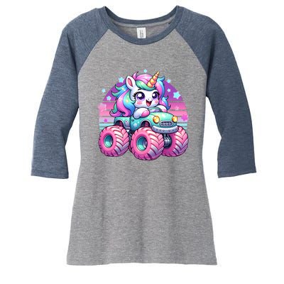 Funny Retro Cute Unicorn Monster Truck Women's Tri-Blend 3/4-Sleeve Raglan Shirt