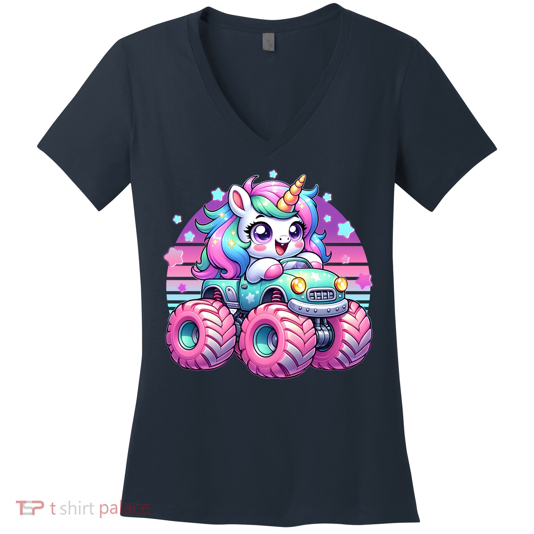 Funny Retro Cute Unicorn Monster Truck Women's V-Neck T-Shirt