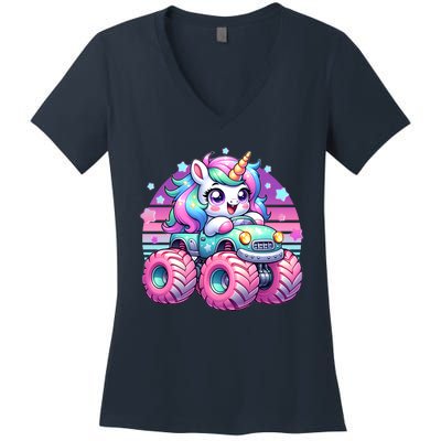 Funny Retro Cute Unicorn Monster Truck Women's V-Neck T-Shirt