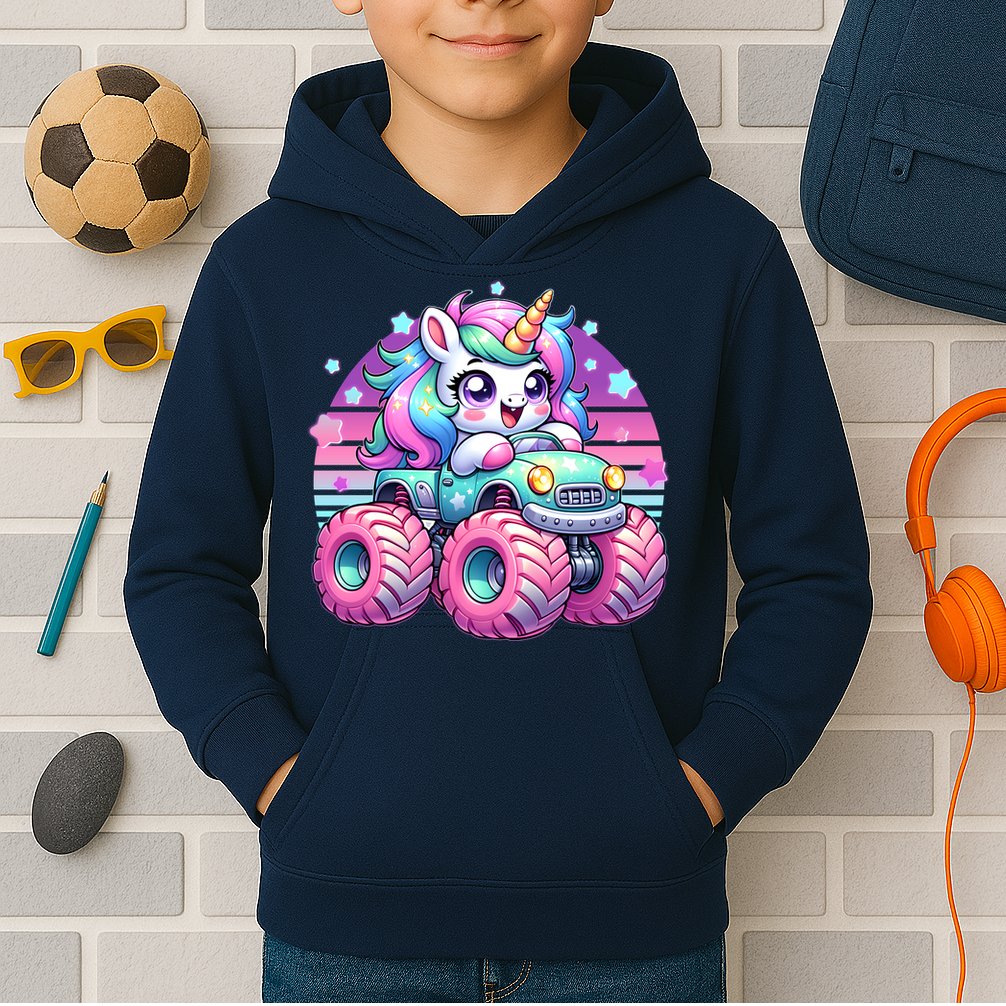 Funny Retro Cute Unicorn Monster Truck Kids Hoodie