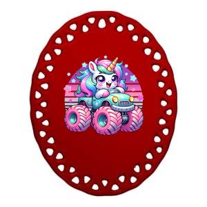 Funny Retro Cute Unicorn Monster Truck Ceramic Oval Ornament