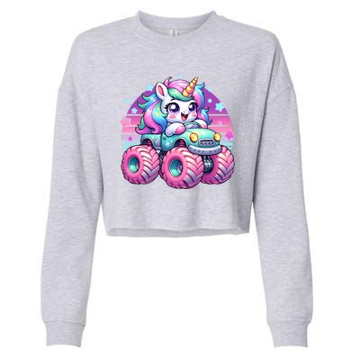 Funny Retro Cute Unicorn Monster Truck Cropped Pullover Crew