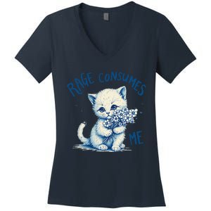 Funny Rage Consumes Me Cat Flower Cute Kitty Quote Design Women's V-Neck T-Shirt