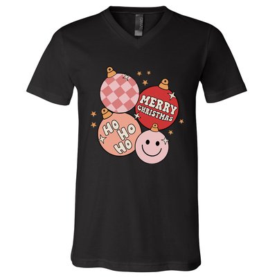 Festive Retro Christmas Bauble Ho Ho Ho Holiday V-Neck T-Shirt