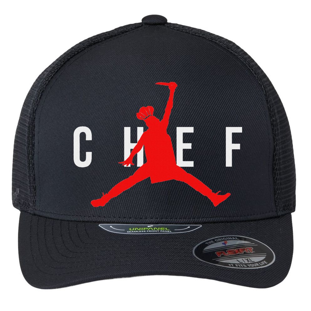 Funny Restaurant Chef Jumping Chef Knife Flexfit Unipanel Trucker Cap