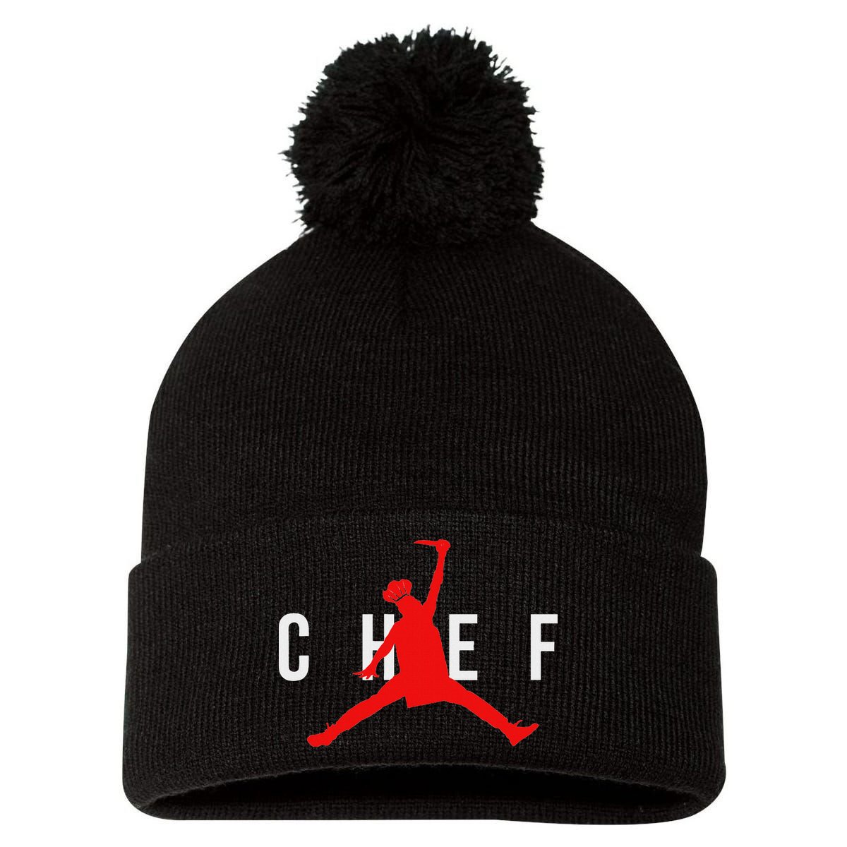 Funny Restaurant Chef Jumping Chef Knife Pom Pom 12in Knit Beanie
