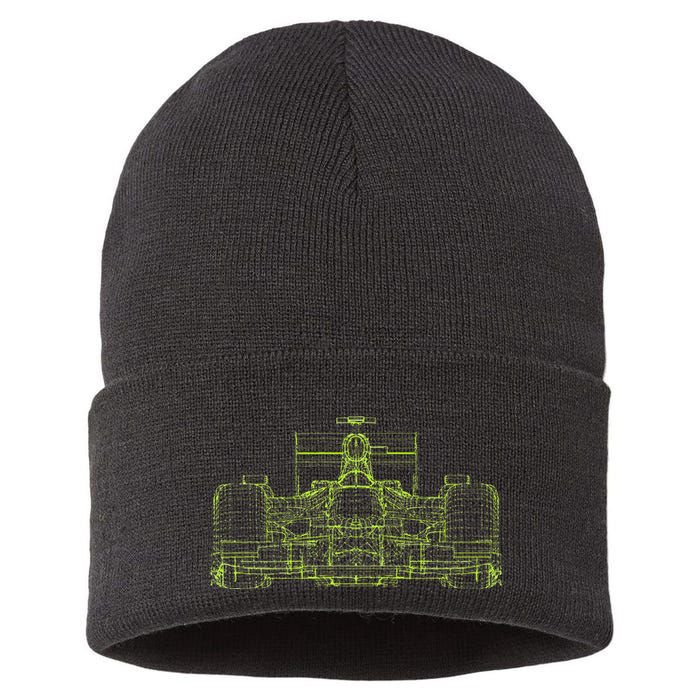 Formula Racing Car Blueprint Mechanical Engineer Racer Fan Sustainable Knit Beanie