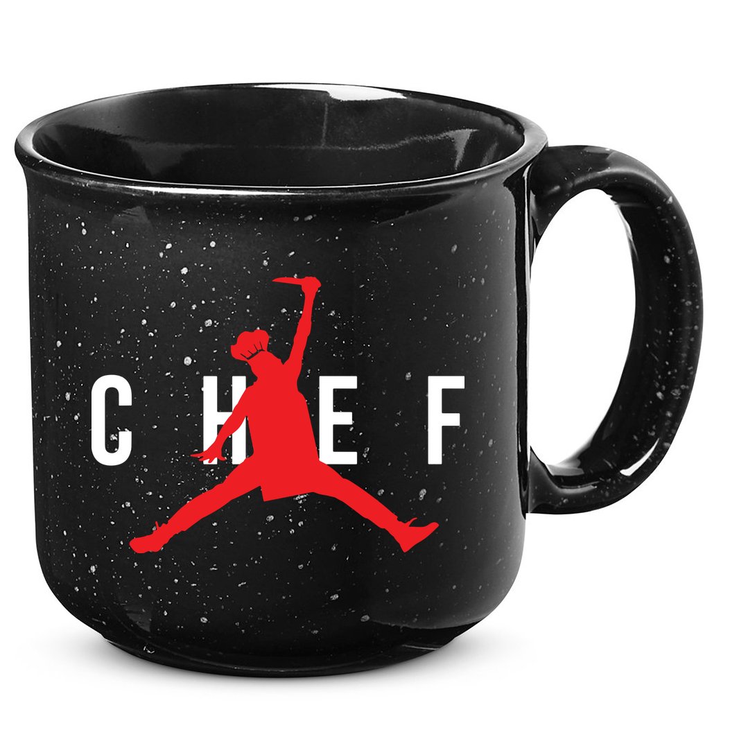 Funny Restaurant Chef Jumping Chef Knife Logo 15oz Campfire Ceramic Mug