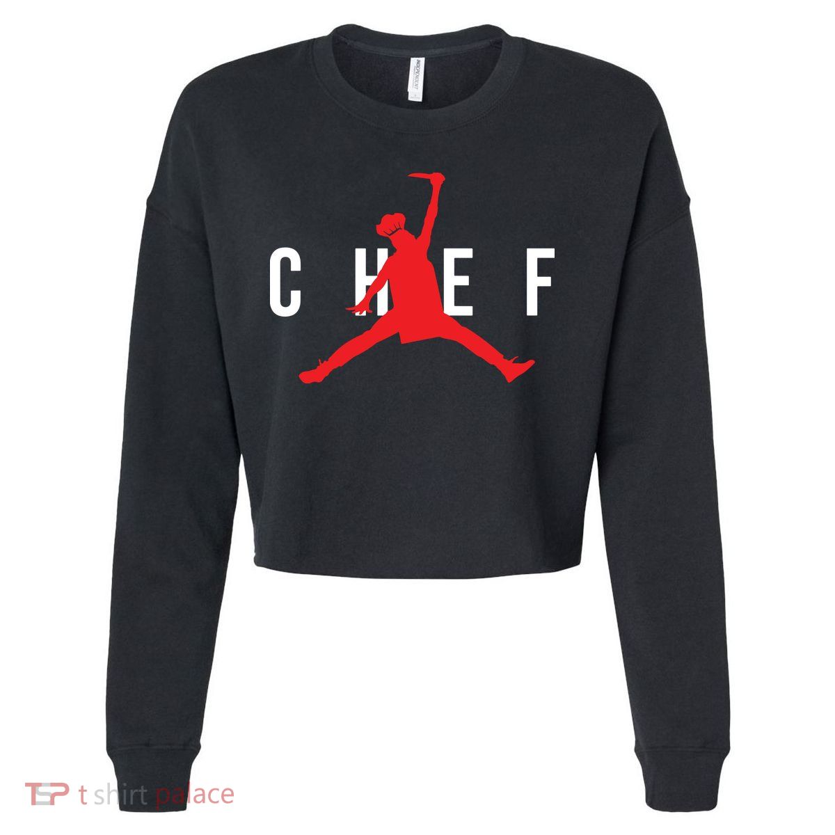 Funny Restaurant Chef Jumping Chef Knife Logo Cropped Pullover Crew