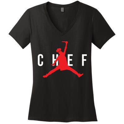 Funny Restaurant Chef Jumping Chef Knife Logo Women's V-Neck T-Shirt