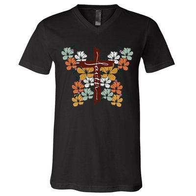 Faith Retro Cross Butterfly Religious Gifts Christian V-Neck T-Shirt