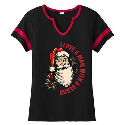 Funny Retro Christmas Santa Claus I Love A Man With A Beard Ladies Halftime Notch Neck Tee