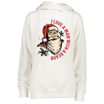 Funny Retro Christmas Santa Claus I Love A Man With A Beard Womens Funnel Neck Pullover Hood