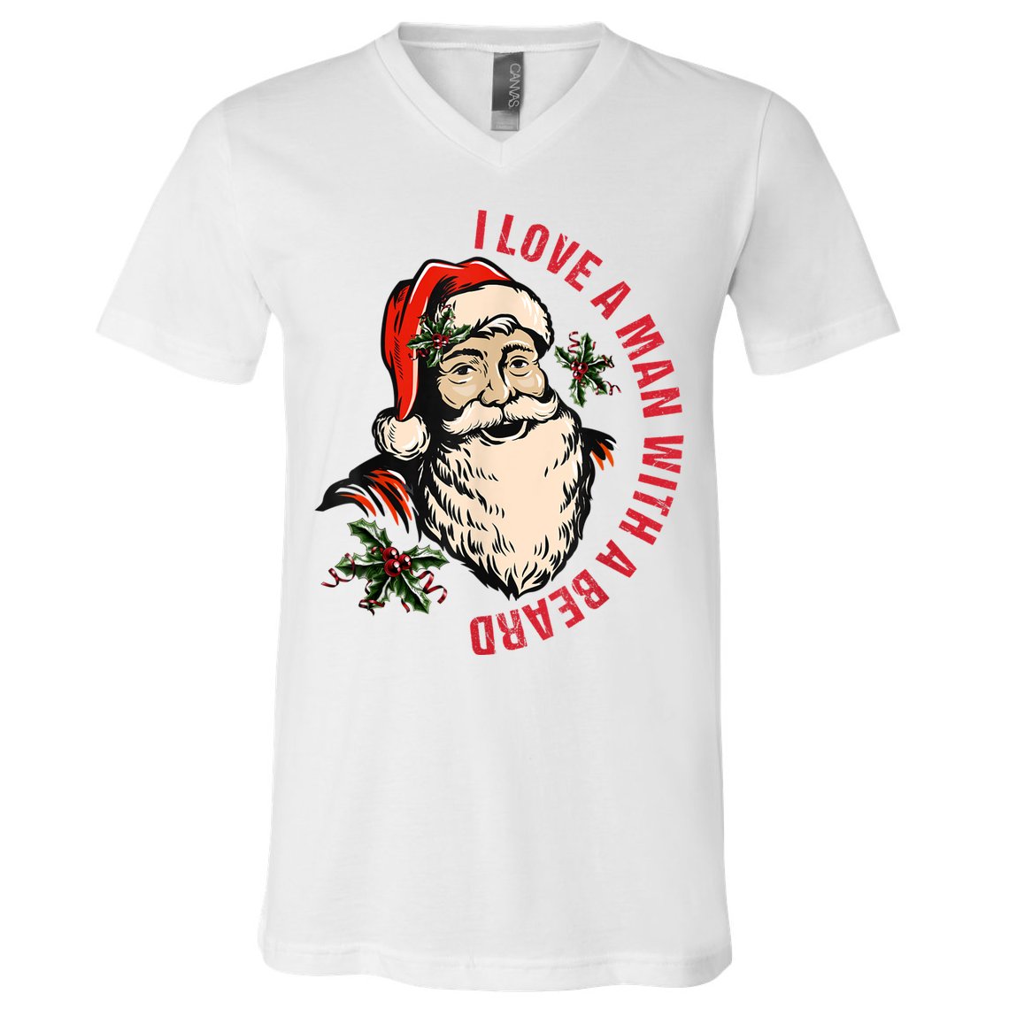 Funny Retro Christmas Santa Claus I Love A Man With A Beard V-Neck T-Shirt