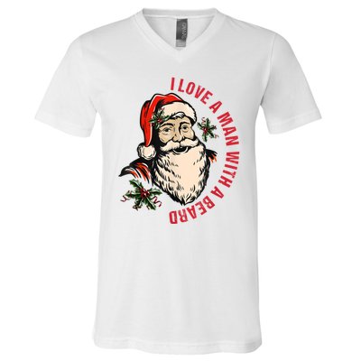 Funny Retro Christmas Santa Claus I Love A Man With A Beard V-Neck T-Shirt