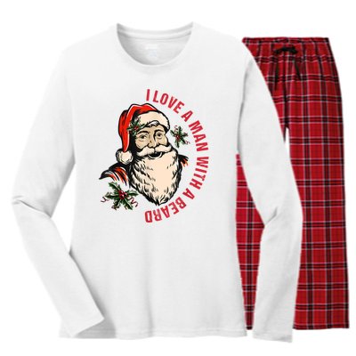 Funny Retro Christmas Santa Claus I Love A Man With A Beard Women's Long Sleeve Flannel Pajama Set 