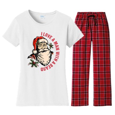 Funny Retro Christmas Santa Claus I Love A Man With A Beard Women's Flannel Pajama Set