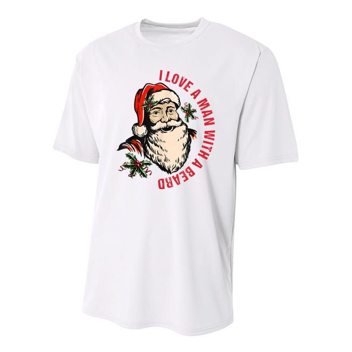 Funny Retro Christmas Santa Claus I Love A Man With A Beard Youth Performance Sprint T-Shirt