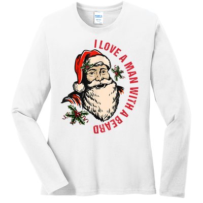 Funny Retro Christmas Santa Claus I Love A Man With A Beard Ladies Long Sleeve Shirt