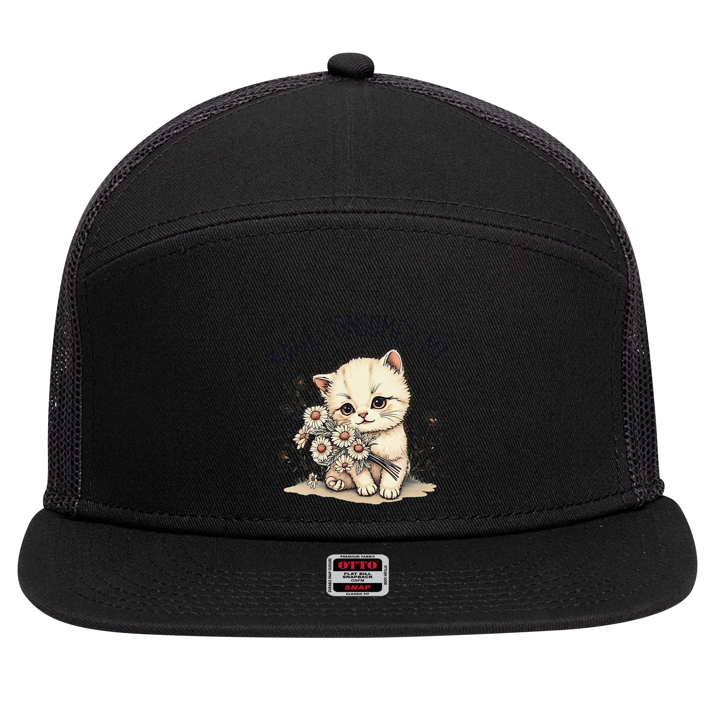 Funny Rage Consumes Me Cat Flower Cute Kitty Cat Meme Design 7 Panel Mesh Trucker Snapback Hat