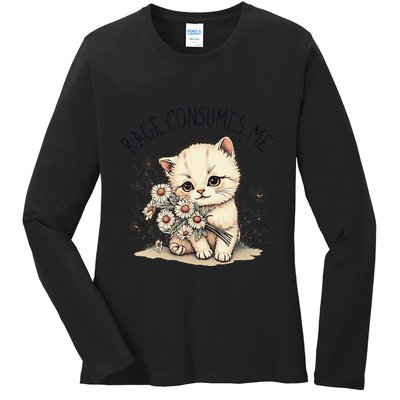 Funny Rage Consumes Me Cat Flower Cute Kitty Cat Meme Design Ladies Long Sleeve Shirt