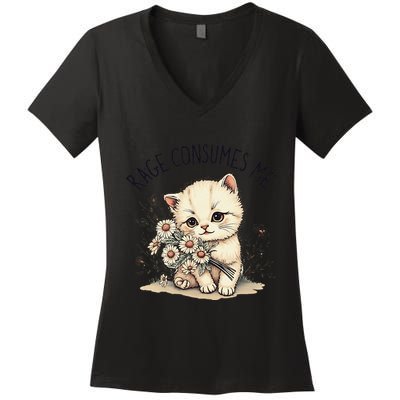 Funny Rage Consumes Me Cat Flower Cute Kitty Cat Meme Design Women's V-Neck T-Shirt