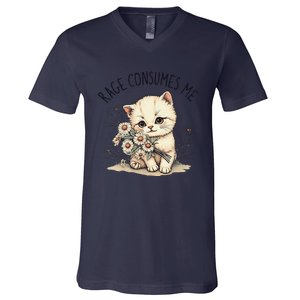 Funny Rage Consumes Me Cat Flower Cute Kitty Cat Meme Design V-Neck T-Shirt