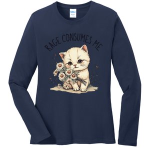 Funny Rage Consumes Me Cat Flower Cute Kitty Cat Meme Design Ladies Long Sleeve Shirt