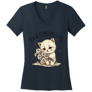 Funny Rage Consumes Me Cat Flower Cute Kitty Cat Meme Design Women's V-Neck T-Shirt