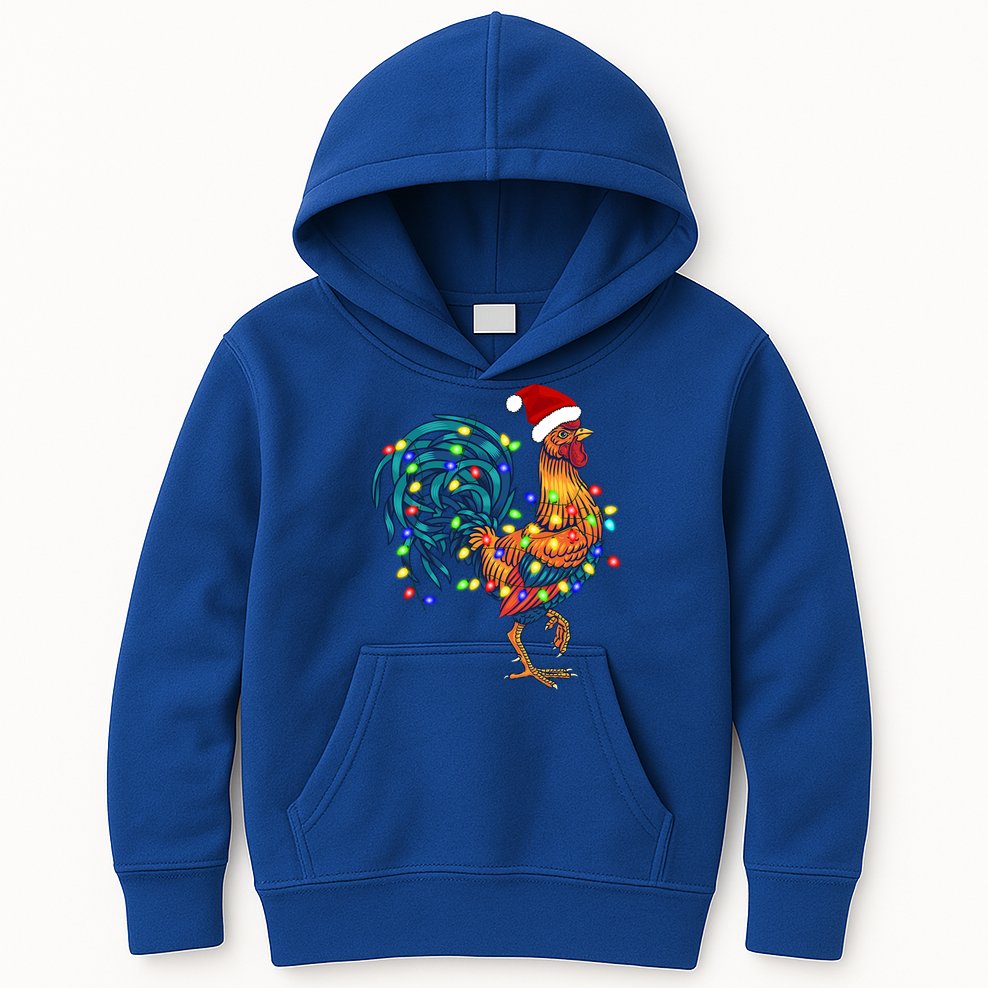 Funny Rooster Chicken Christmas Lights Pajama Farmer Funny Gift Kids Hoodie
