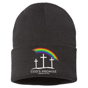 Funny Rainbow Christ Cross Christian Quote Gods Promise Sustainable Knit Beanie