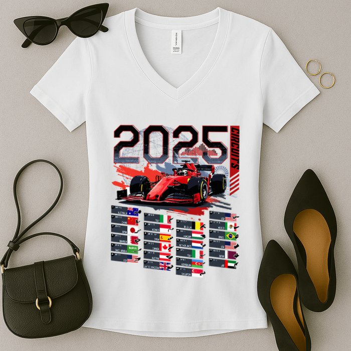 Formula Racing Calendar 2025 Schedule G.R.A.N.D P.R.I.X Circuit Women's V-Neck T-Shirt