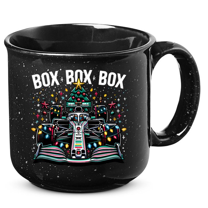 Formula Racing Car Box Box Box Radio Call Fun Christmas Tree 15oz Campfire Ceramic Mug