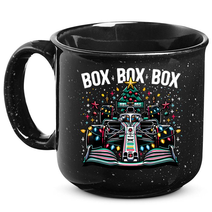 Formula Racing Car Box Box Box Radio Call Fun Christmas Tree 15oz Campfire Ceramic Mug