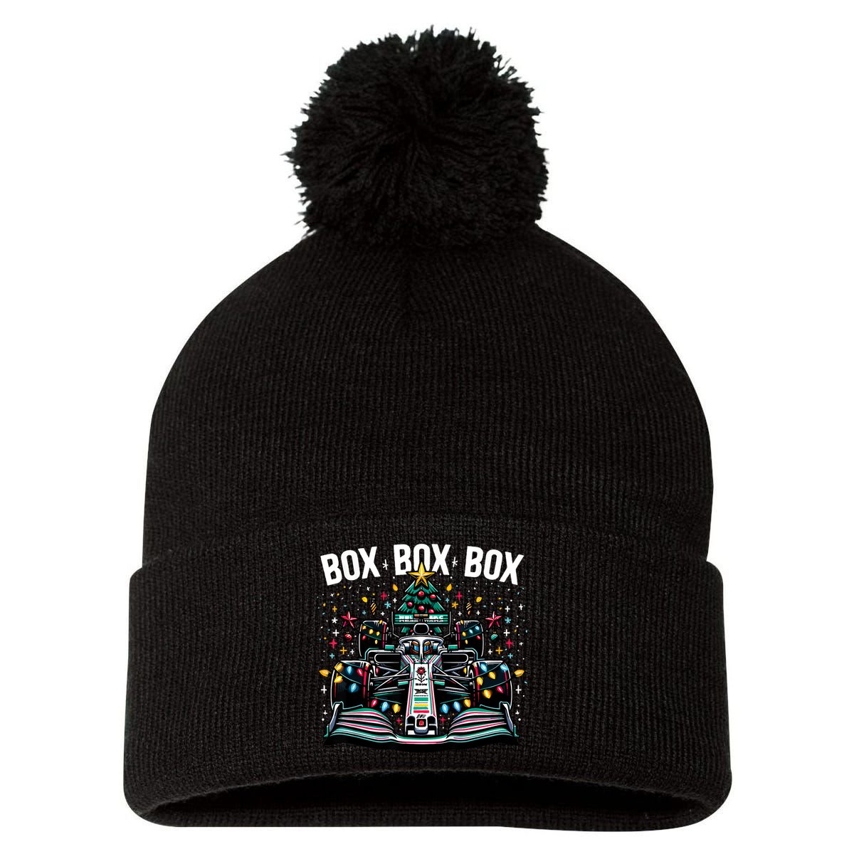 Formula Racing Car Box Box Box Radio Call Fun Christmas Tree Pom Pom 12in Knit Beanie