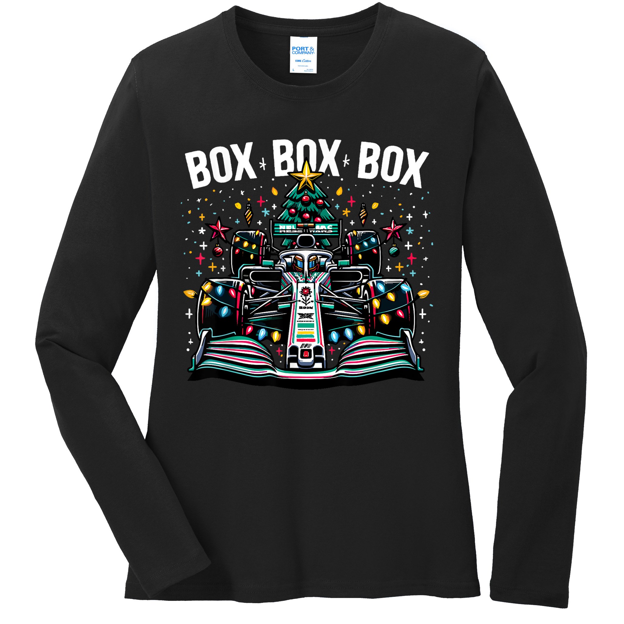 Formula Racing Car Box Box Box Radio Call Fun Christmas Tree Ladies Long Sleeve Shirt